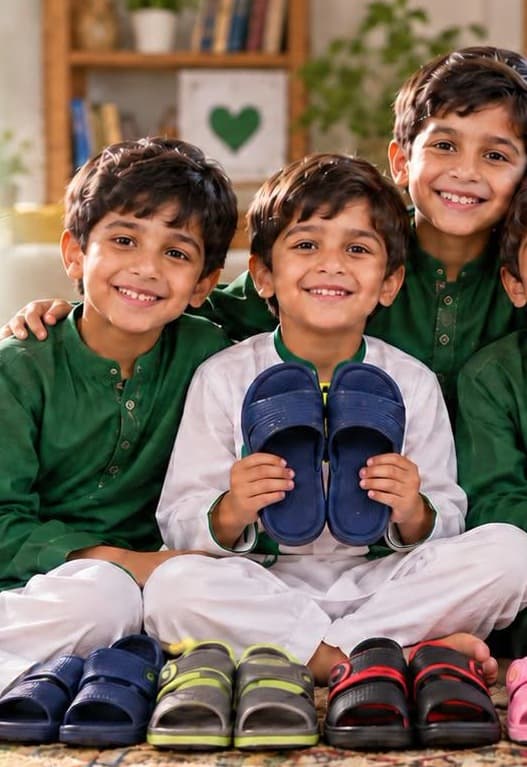 Three boys sitting together holding new sandals, with more pairs lined up in front of them.