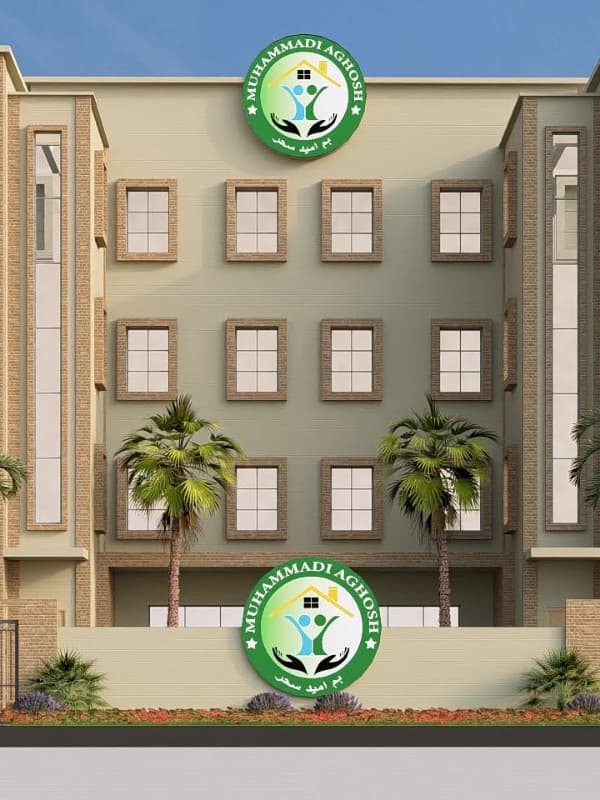 Architect's rendering of the centre of the planned Muhammadi Aghosh building, its emblem above the windows and again on the front wall.